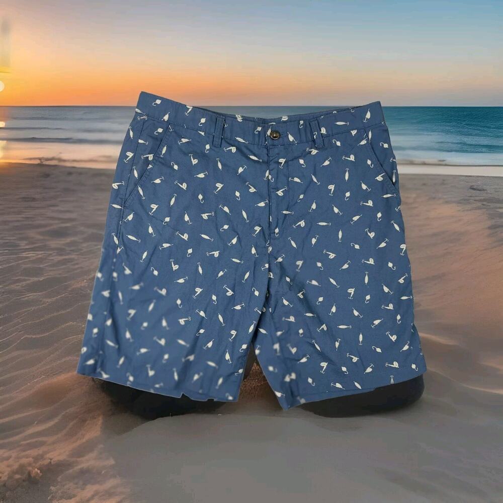 Eddie Bauer Shorts Mens 35 Blue Chino Fishing Lure All Over Print Outdoor Fish